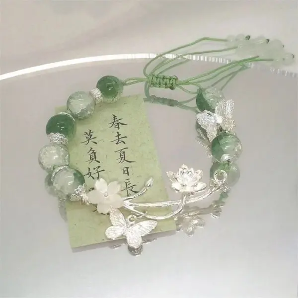 Nischen-Design Super Feenhaftes Schmetterlingsarmband für Damen, Süßes Grünes Perlen-Quasten-Kettenarmband, Elastisches Armband, Exquisiter Partyschmuck
