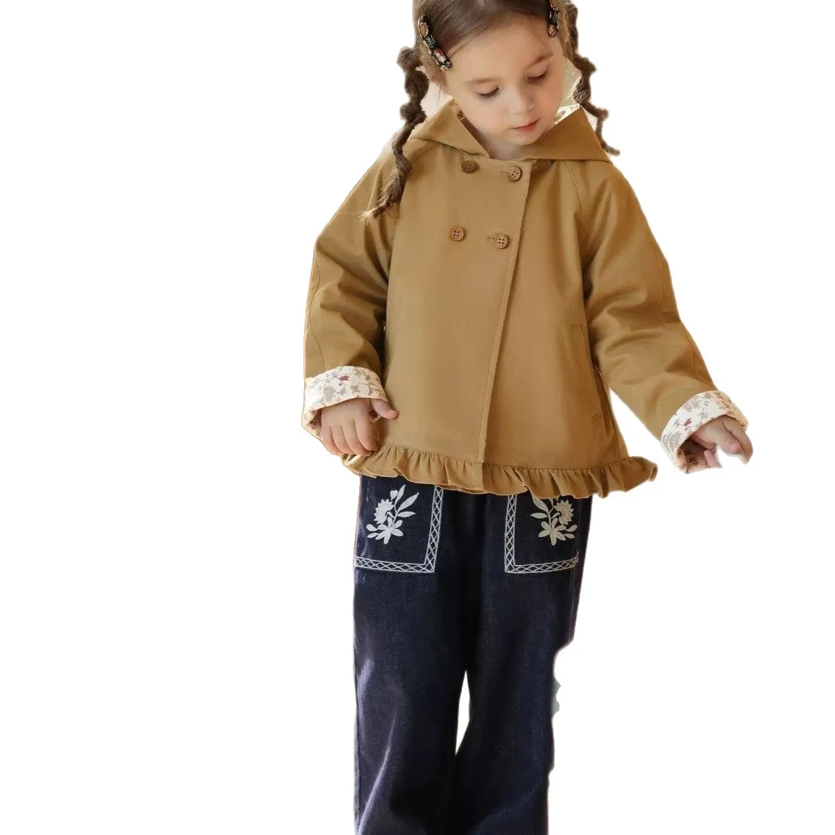 2026 New Girls Short Trench Coat, Spring Autumn Khaki Ruffled Outerwear With Floral Cotton Lining For Little Girls