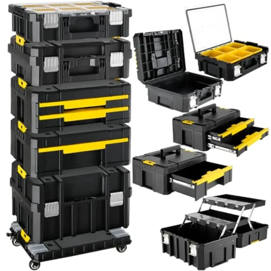 5-in-1 Stackable Rolling Tool Box with Wheels and Drawers for Workshop Use, Steel Construction, Black Finish, Heavy-Duty Smooth