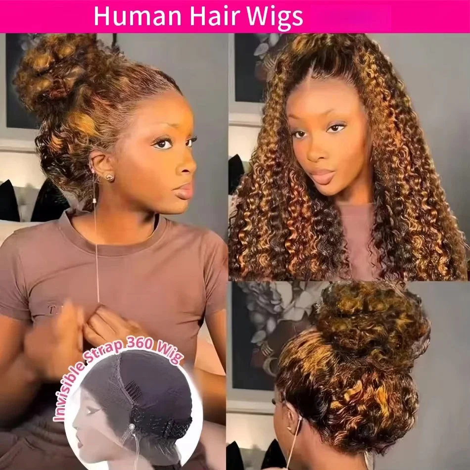 

4/27 Curly Highlight Wig Human Hair Preplucked 360 Full Lace Front Wig HD Human Hair Ready to Wear Deep Wave Human Wig for Women