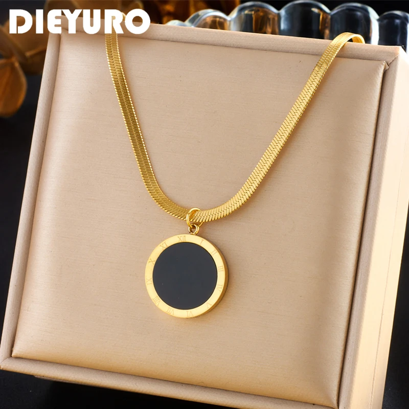 DIEYURO 316L Stainless Steel Black Circle Digit Time  Necklace New Delicate Fashion Pendant Chain Gold Color Neck Jewelry Gifts