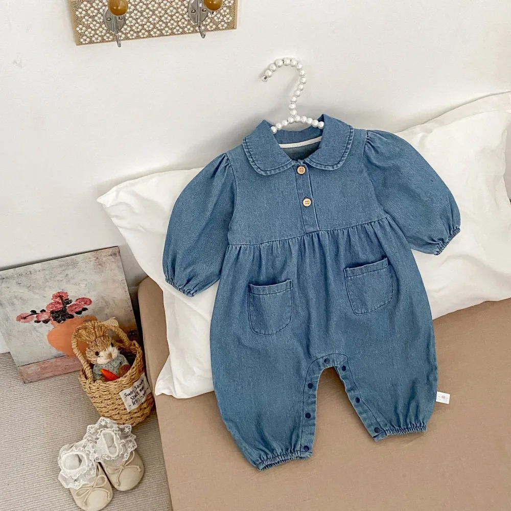 

INS Newborn Baby Romper 0-3Years Fashion Boy Girl Long Sleeve Turn Down Collar Denim Jumpsuit Playsuit Outfits Autumn Clothes