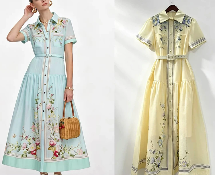 Women Elegant Floral Print Shirt Collar Maxi Dress 2026 Summer Short Sleeve Belted Long Dress Vintage Button Up Party Vestidos