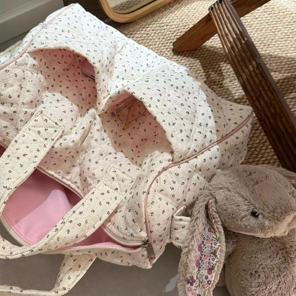 Floral Print Travel Hand Bag Large Capacity Multi-Pockets Cotton Duffle Bag Fabric Quilted Quilted Travel Bag School Use