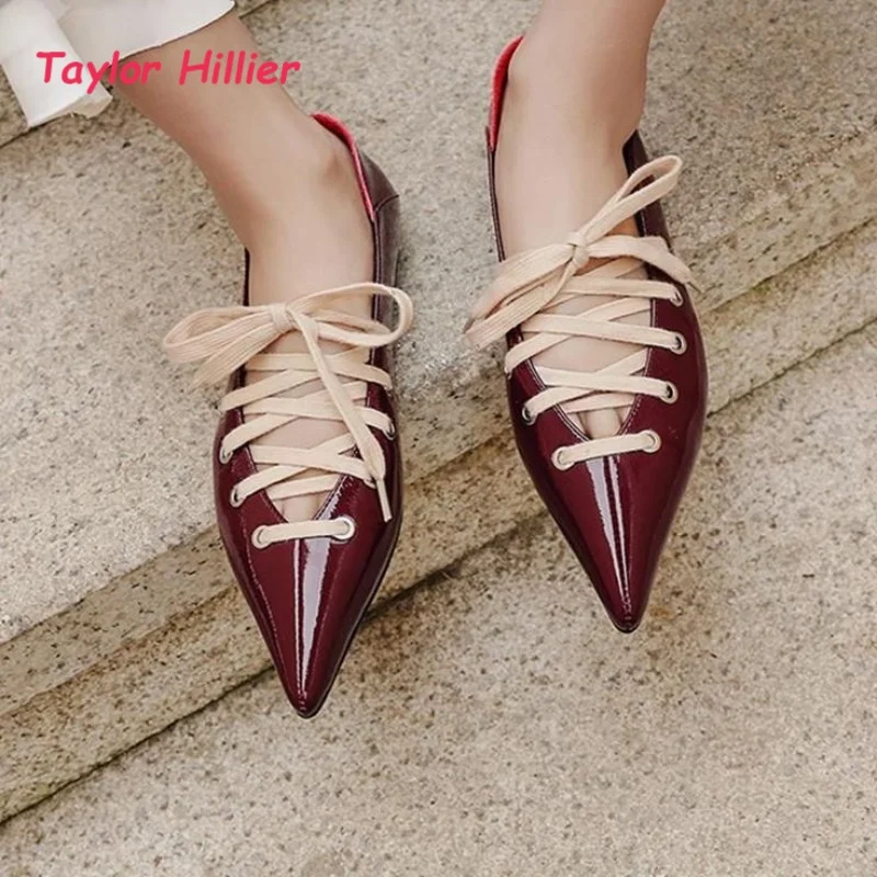 Pointed Toe Lace Up Cutout Flat Shoes Women's Summer Comfortable Office Daily Trendy Retro Patent Leather Commuter Dress Shoes
