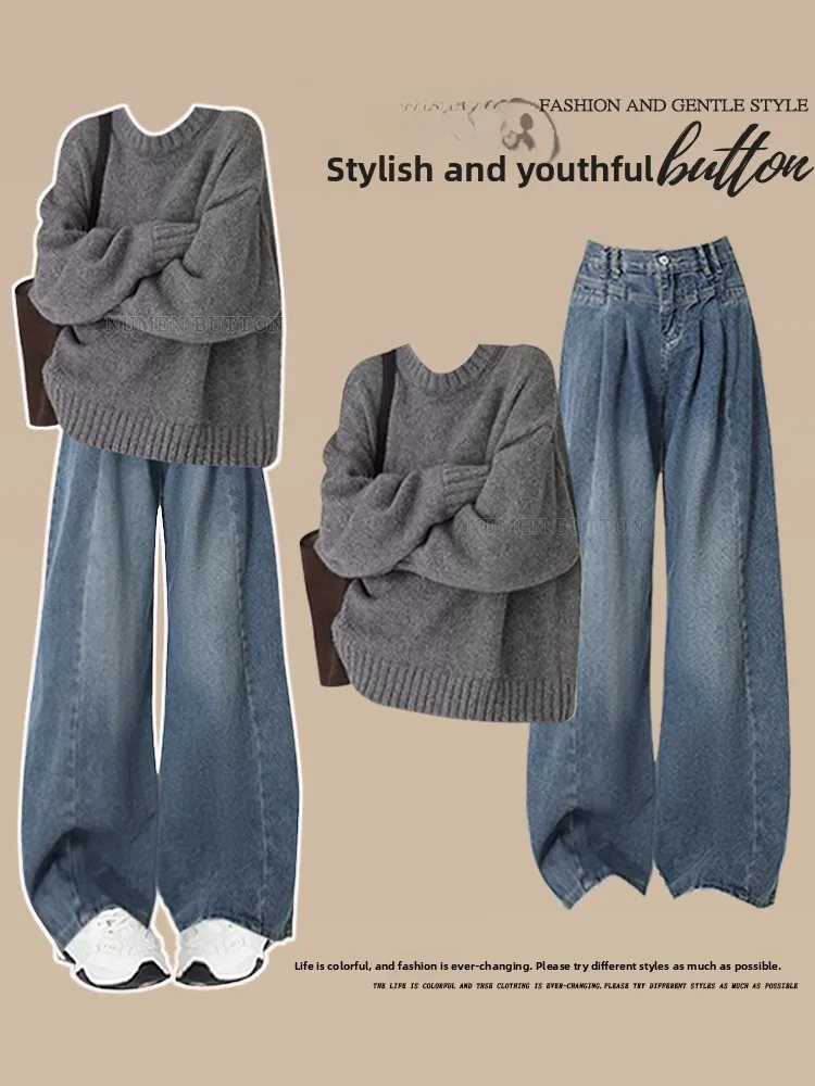 

plus Size Autumn Winter Outfit Set Women's Korean Style Knitted Sweater High Waist Slimming Jeans Two Piece Set Fashionable C...