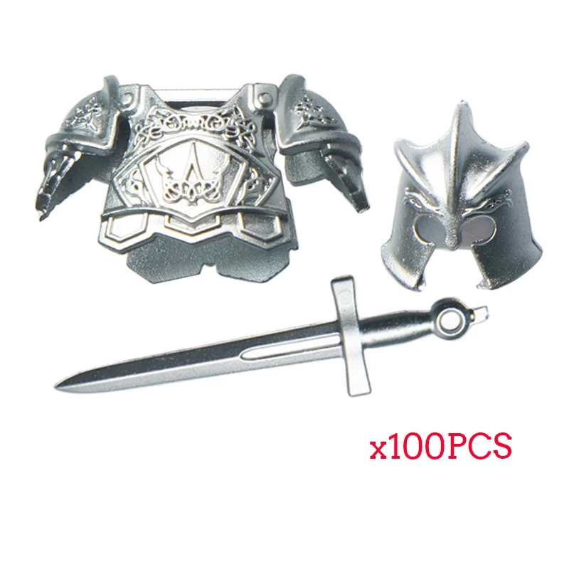 100PCS MOC Medieval Knights Weapons Rome Warriors Soldiers Armor Helmet Building Blocks DIY Brick Accessories Toys For kid Gifts