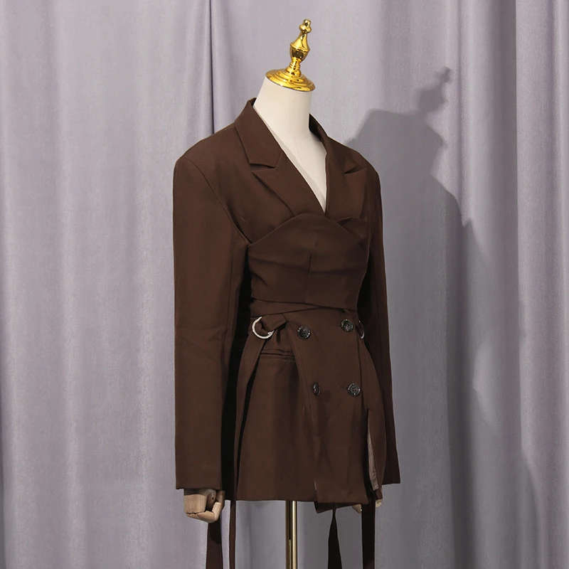 KBQ Solid Spliced Lace Up Chic Jackets for Women V Neck Long Sleeves Patchwork Buttons Temperament Tunic Jacket Female Autumn