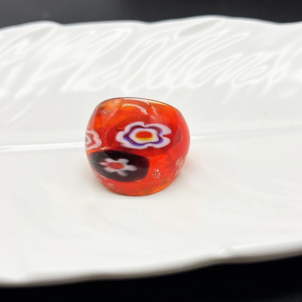 1PCS 17-19mm Vintage Summer Bohemian Flower Pattern Handmade Murano Glass Lampwork Ring Birthday Beautiful Fashion Jewelry Gift