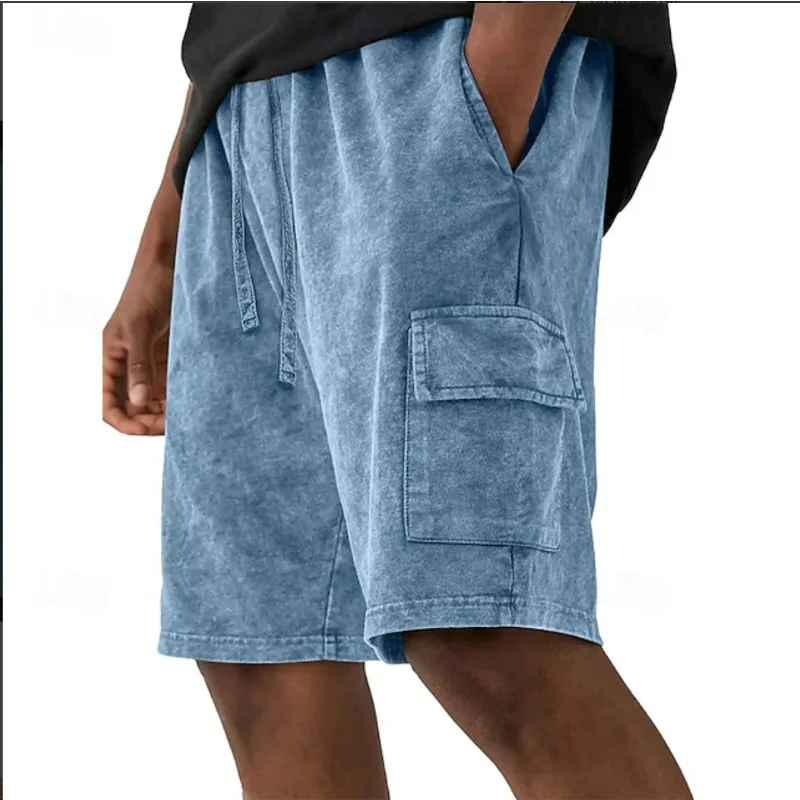 Men Summer Casual Washed Cargo Shorts Drawstring Elastic Waist Solid Color Breathable Pocket Loose Short Pants M 4XL
