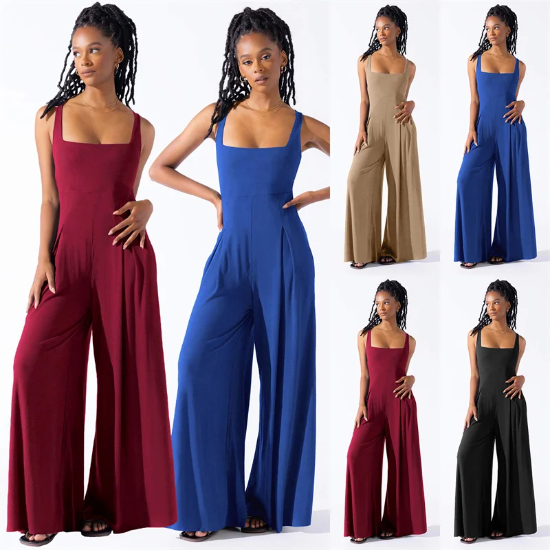 

European And American Ladies Casual Wide-leg Pants Summer Solid Color Sleeveless Square Collar High Waist One-piece Pants