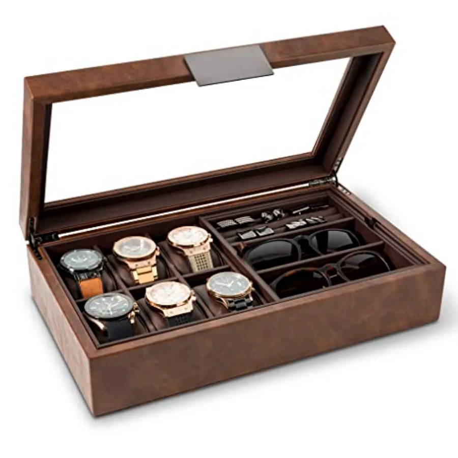 Co Valet Jewelry Box for Men - Holds es 12 cufflinks 2 Sunglasses and Tray Storage - Mens Watch Case - Organizer w Metal Accent