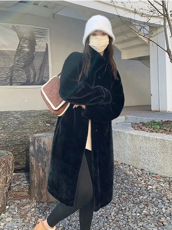 Casaco Feminino de Pele Ecológica de Coelho Aquático com Gola Longa, Veludo de Mink, Quente, Cor Pura, Casual