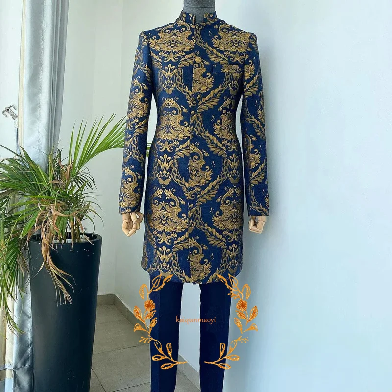 Jacquard Men's Suit 2 Piece Long Jacket Stand Collar Coat Wedding Groom Tuxedo Navy/Black Customized Suit for Men