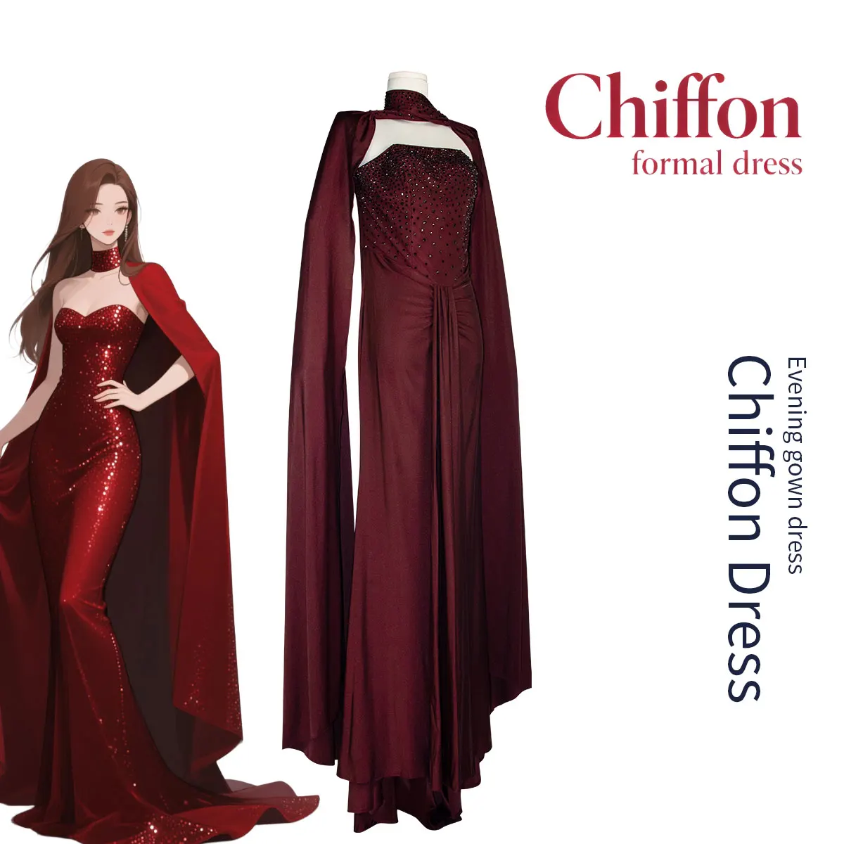 

Красное шифоновое платье из высококачественных материалов, костюмы для Хэллоуина, Рождества, карнавала.