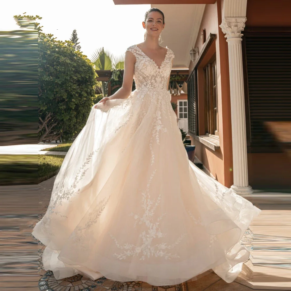 Flavinke, vestidos De novia elegantes clásicos personalizados para novia, apliques con cuello en V, corte en A, mangas casquillo con botones, Vestido De novia De tul