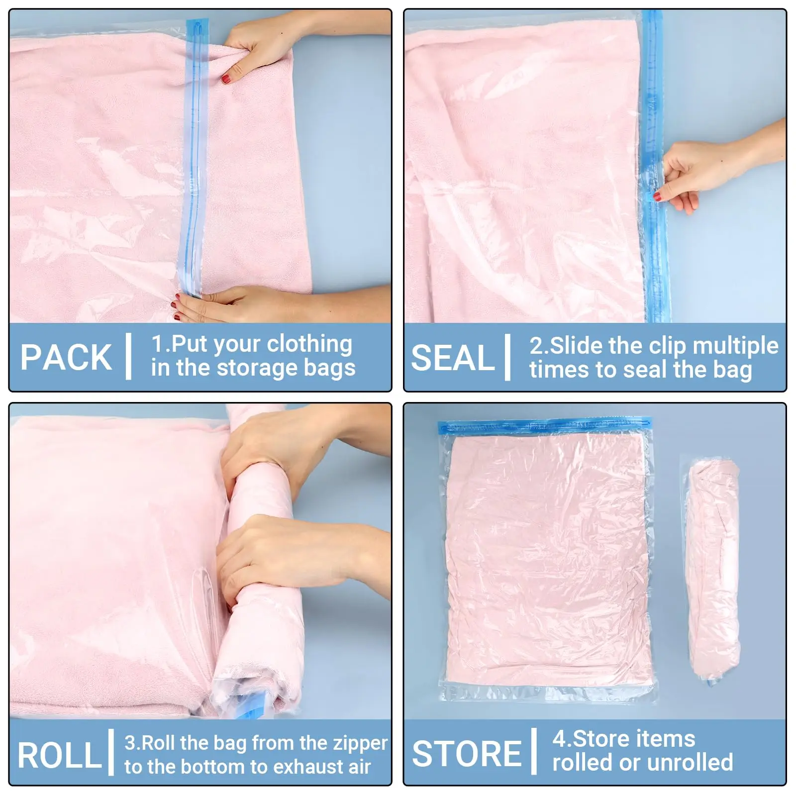 8er-Pack Roll-Up Kompressionsbeutel Wiederverwendbare Vakuum-Aufbewahrungsbeutel für Reiseorganisation Platzsparend im Koffer Keine Pumpe Erforderlich – Detail 2