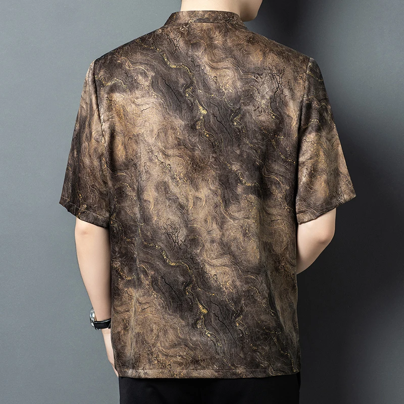 Covered Button Silk 100% Shirts For Men Short Sleeve Tang Costume Quality Comfortable Fit Skin-Friendly Design Camisas De Hombre