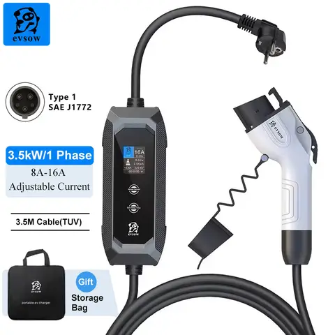 evsow 휴대용 EV 충전기 Type1 SAE J1772 전기 자동차 충전기 3.5kW 16A 조정 가능한 전류 및 설정 충전기 시간 EVSE Wallbox Charge