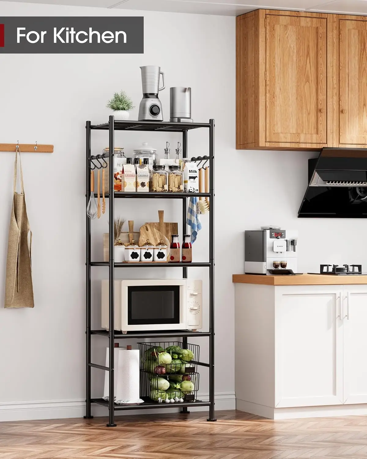 رف تخزين معدني شديد التحمل مكون من 5 طبقات مع خطافات، أقدام قابلة للتعديل للمرآب وغرفة النوم والشرفة - أسود #2