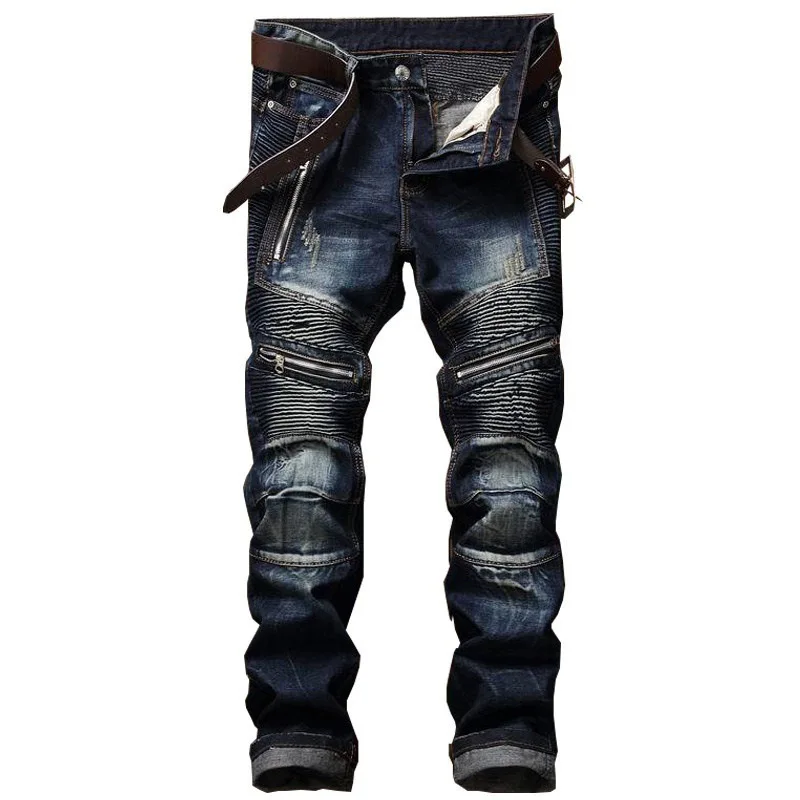 Pantalones Vaqueros informales de alta calidad para Hombre, Vaqueros rectos plisados para motociclista, pantalones Vaqueros para Hombre, 2024