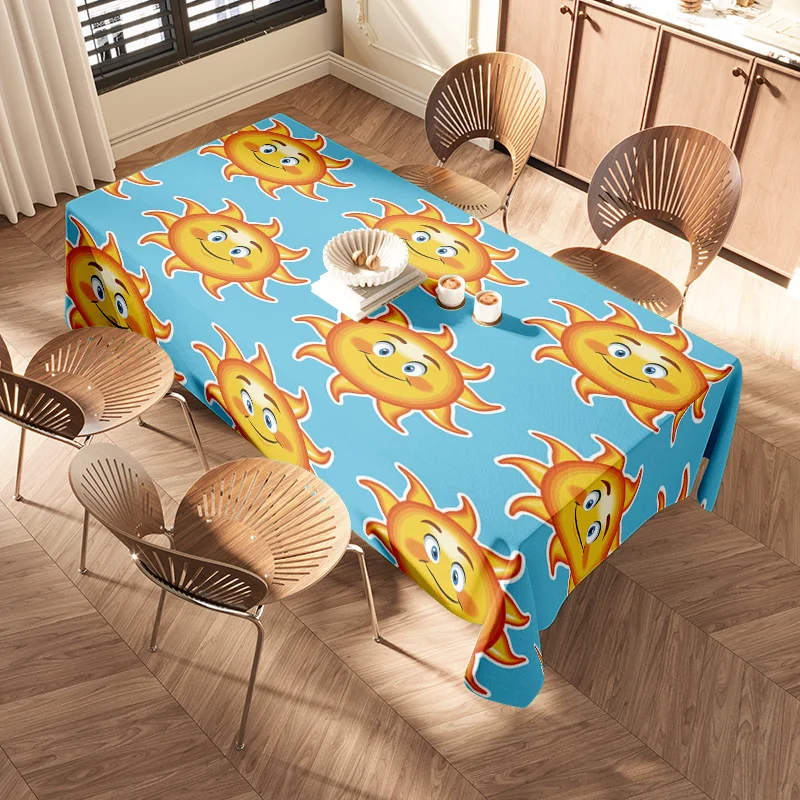 Bright Sun Cartoon Tablecloth Non-Slip Printed Plastic Cover for Home Decoration in Dining Room Furniture Blue Color (150x230cm)