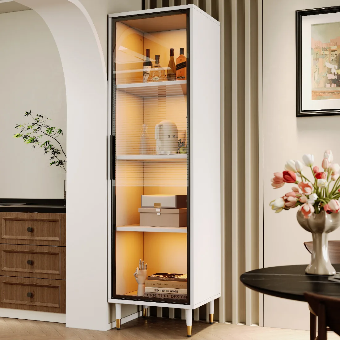 Vitrine autoportante en verre LED blanc de 170 cm avec verre teinté et éclairage à couleur changeante – Base incluse – Vitrine, bibliothèque ou cave à vin – Gain de place pour salon ou salle à manger – Robuste, facile à assembler – Design élégant
