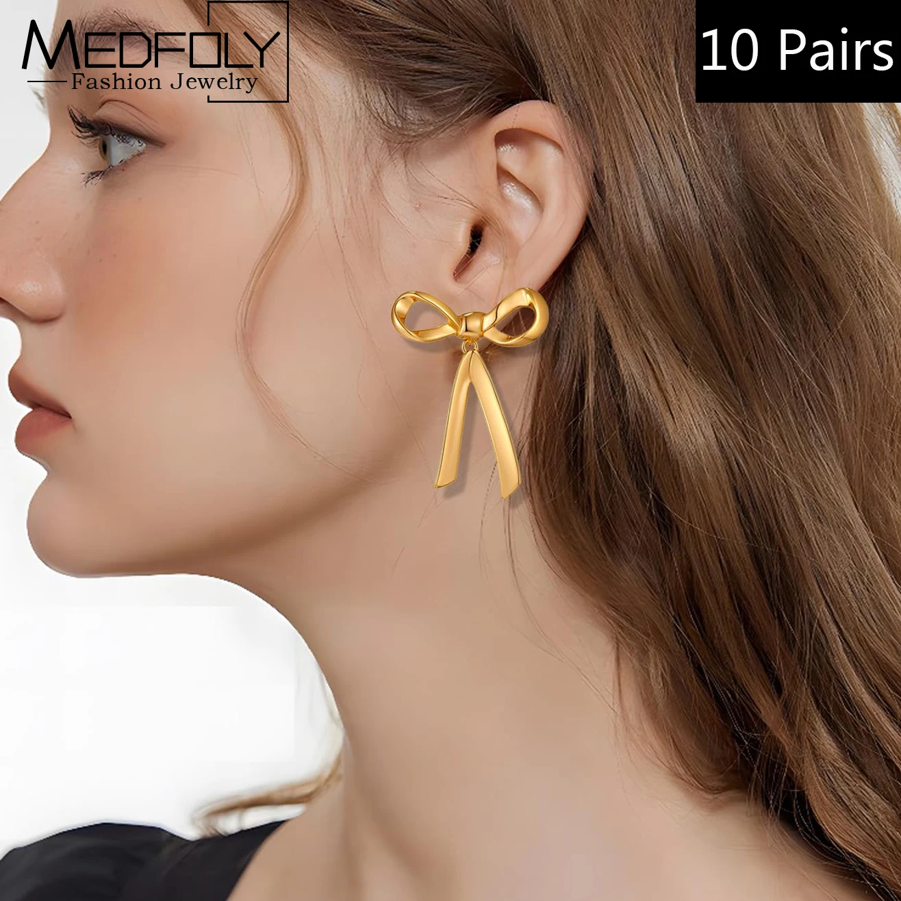 

Wholesale 10 Pairs Gold Bow Earrings for Women Hypoallergenic Gold Plated Dainty Ribbon Drop Dangle Ear Rings Christmas Jewelry