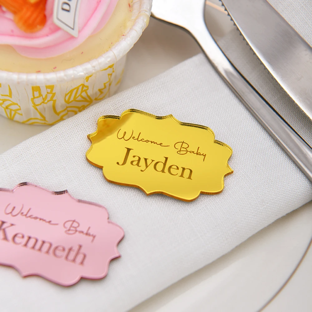 Personalised baby party supplies. Cupcake Toppers Decorations. Customised text content. Party table decorations.