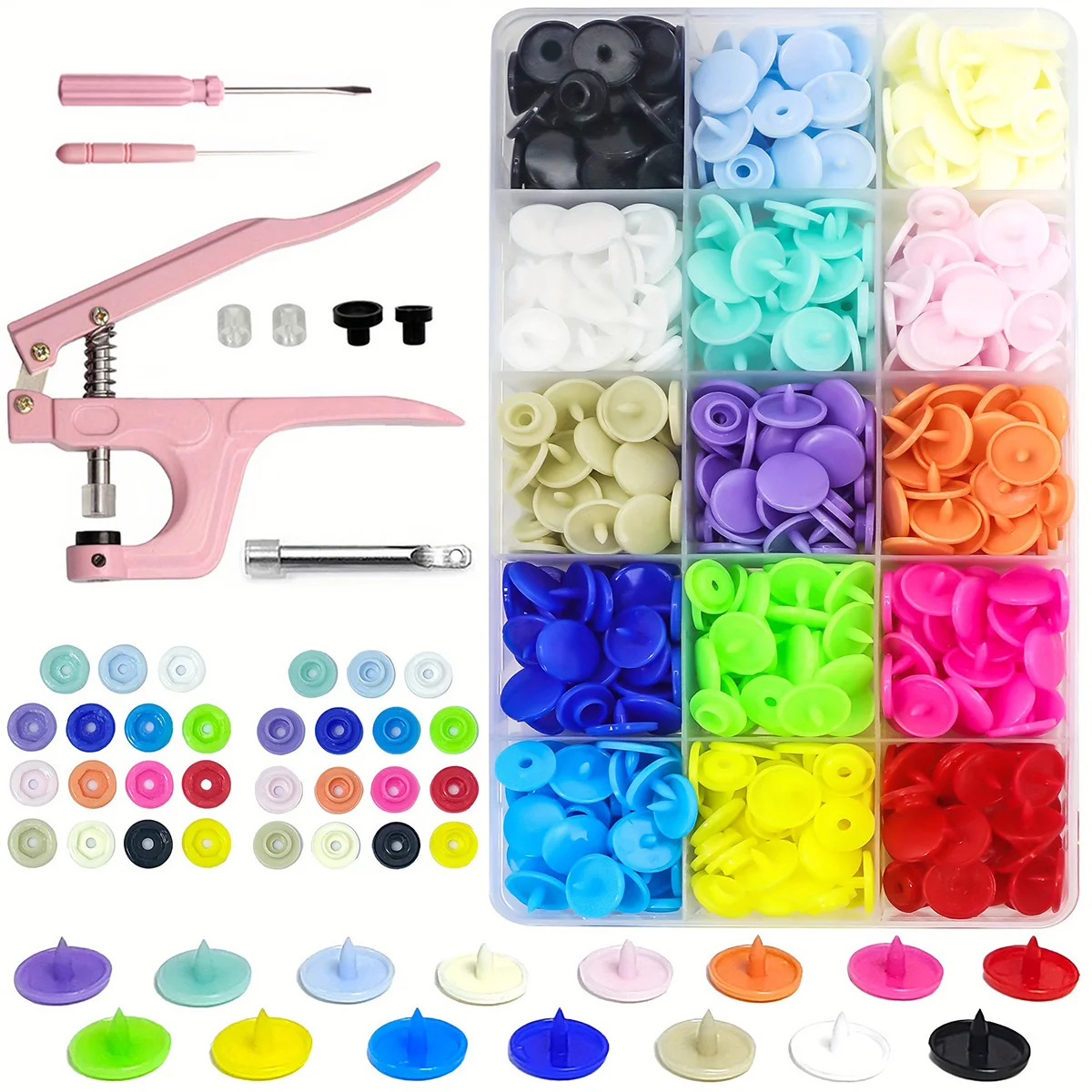 150 Sets de Broches de Presión de Resina y Nylon T5 de 12MM en Colores Vibrantes con Alicates Rosados para Broches, Botones de Presión para Costura y Manualidades