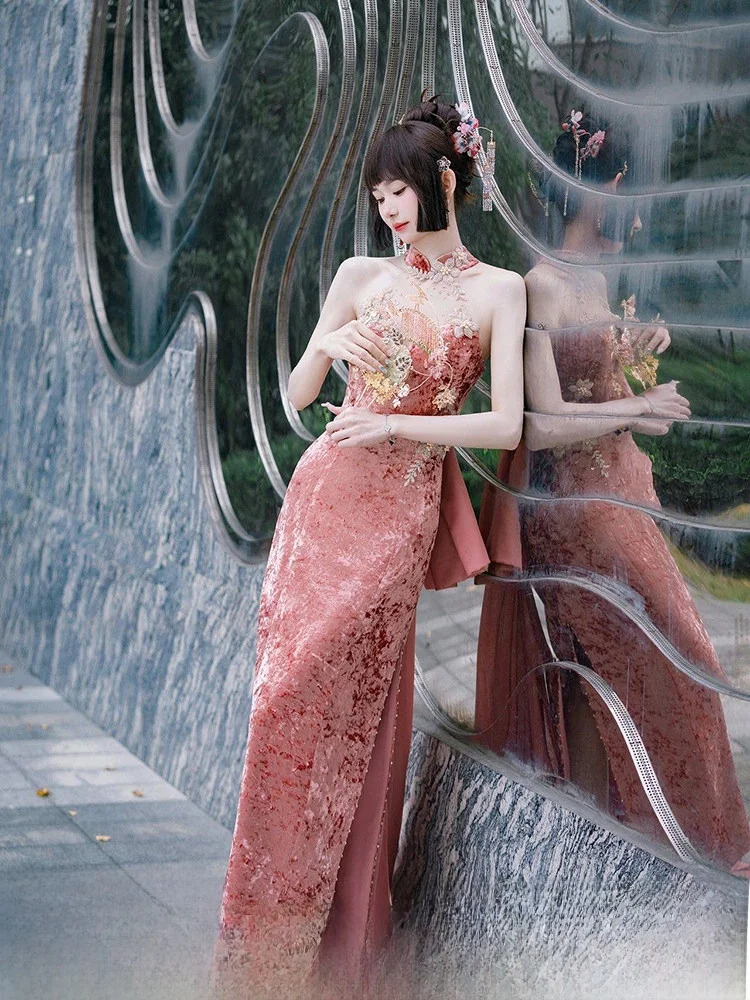 

Ele Velvet Morning Robe Dr Sexy Bal Chinese Sle Wedding Dr with Train for Women Vintage Sle Evening Gown