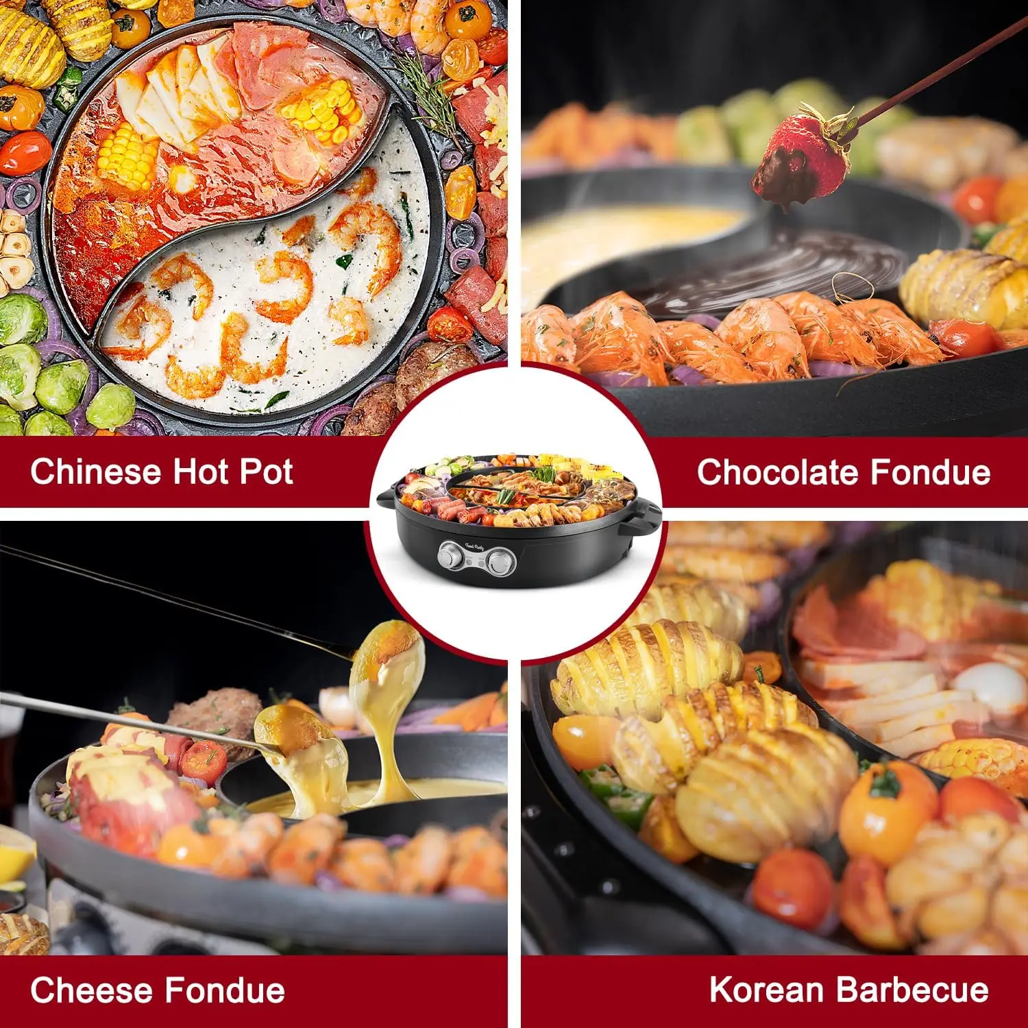 Party DUO Electric Smokeless Grill and Hot Pot, With Separable Cooking Plate, Deluxe Combo of 1 Recipe Book, 1 Tong, 1 Oil Brush