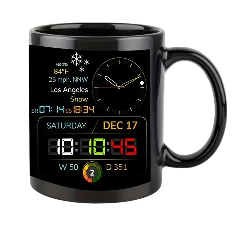 A02F-Black Coffee Cup With Handle-Large Capacity, Creative Premium Sensing Mug Featuring Modern Time Display For Home Office