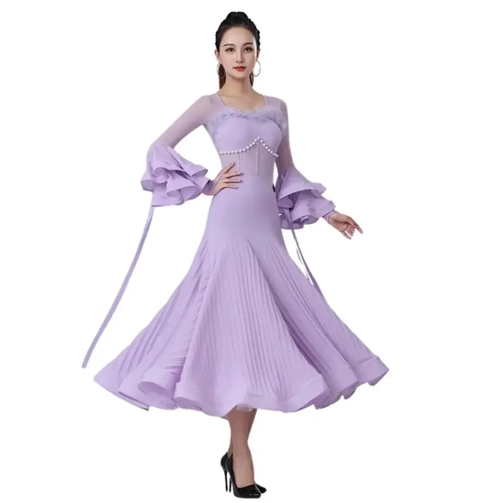 

Ballroom Dance Dress Ribbon Trumpet Sleeves Waltz Competition Costume Dancer Performance Standard Clothes Stage Wear Ball Gowns