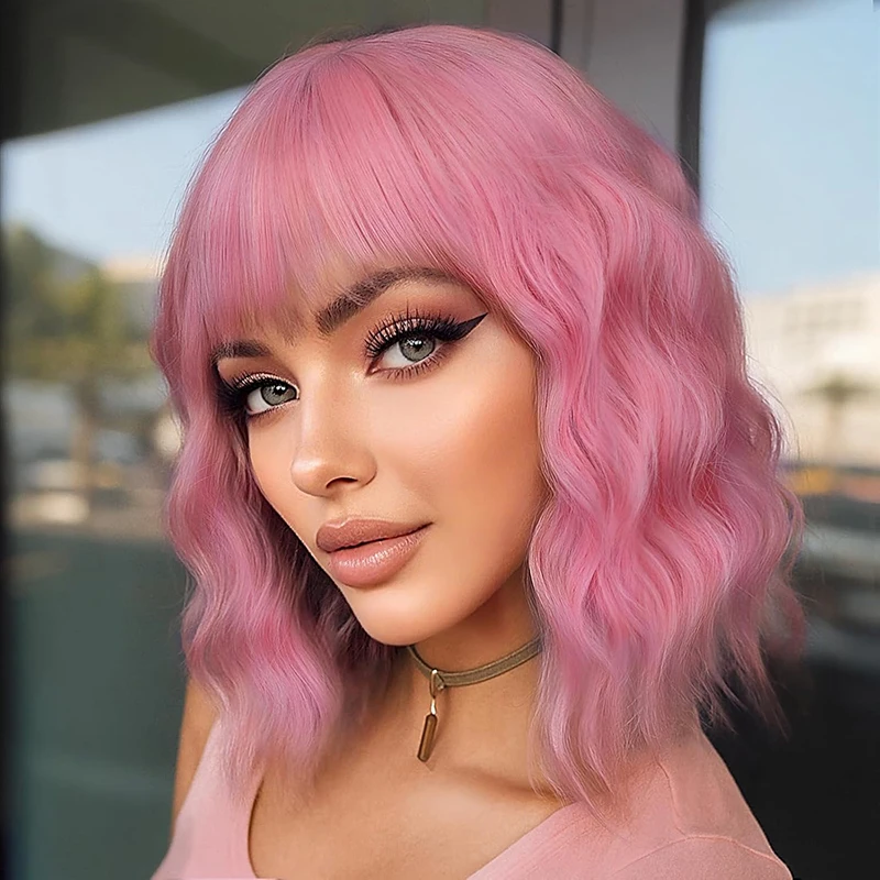 볼 헤드웨어 쇄골 헤어 가발 여성용 물결 모양 컬러풀 어깨 길이 헤어 파티 패션 드레스업 화학 섬유 짧은 곱슬머리