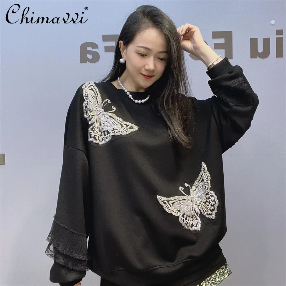 Fashion Sequin Embroidered Loose Large Size Temperament Top Women's Autumn New Round Neck Long Sleeve Pullover Sweatshirt