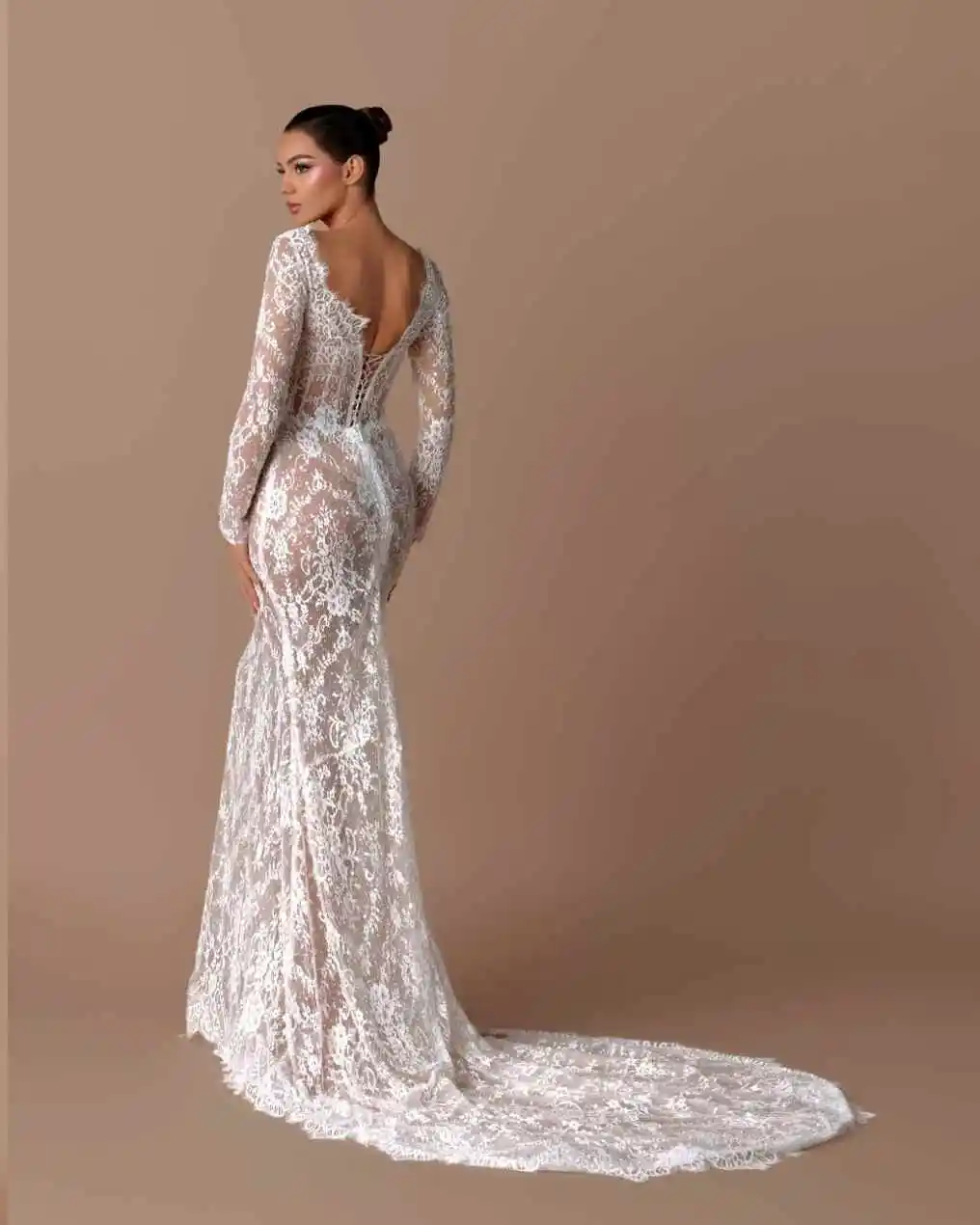 فساتين زفاف حورية البحر الأفريقية دانتيل زينة رقبة على شكل V وأكمام طويلة فساتين زفاف مخصصة فستان عروس