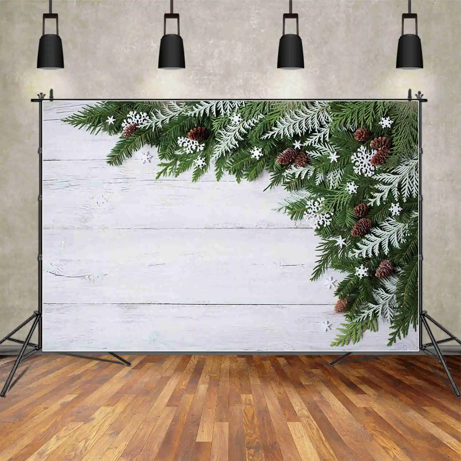 MOON.QG Christmas Background Photography Wooden Wall Gifts Pine Branch Photocall Backdrop Children Studio Photocall Supplies