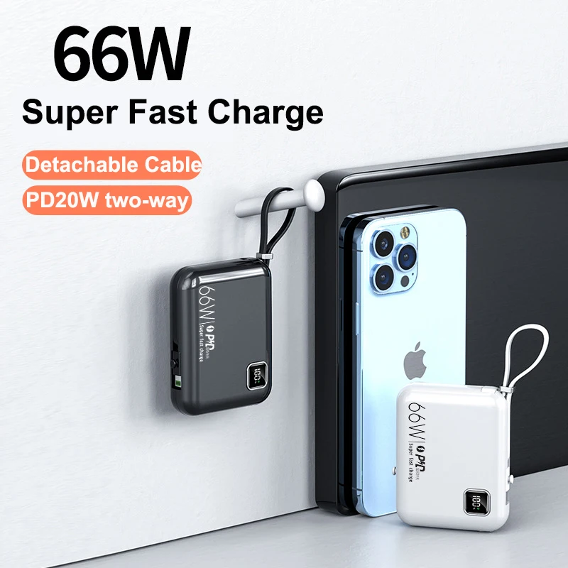 

66W Super Fast Charging Power Bank Built in Cable Powerbank Portable External Battery Charger For iPhone Xiaomi Huawei Samsung