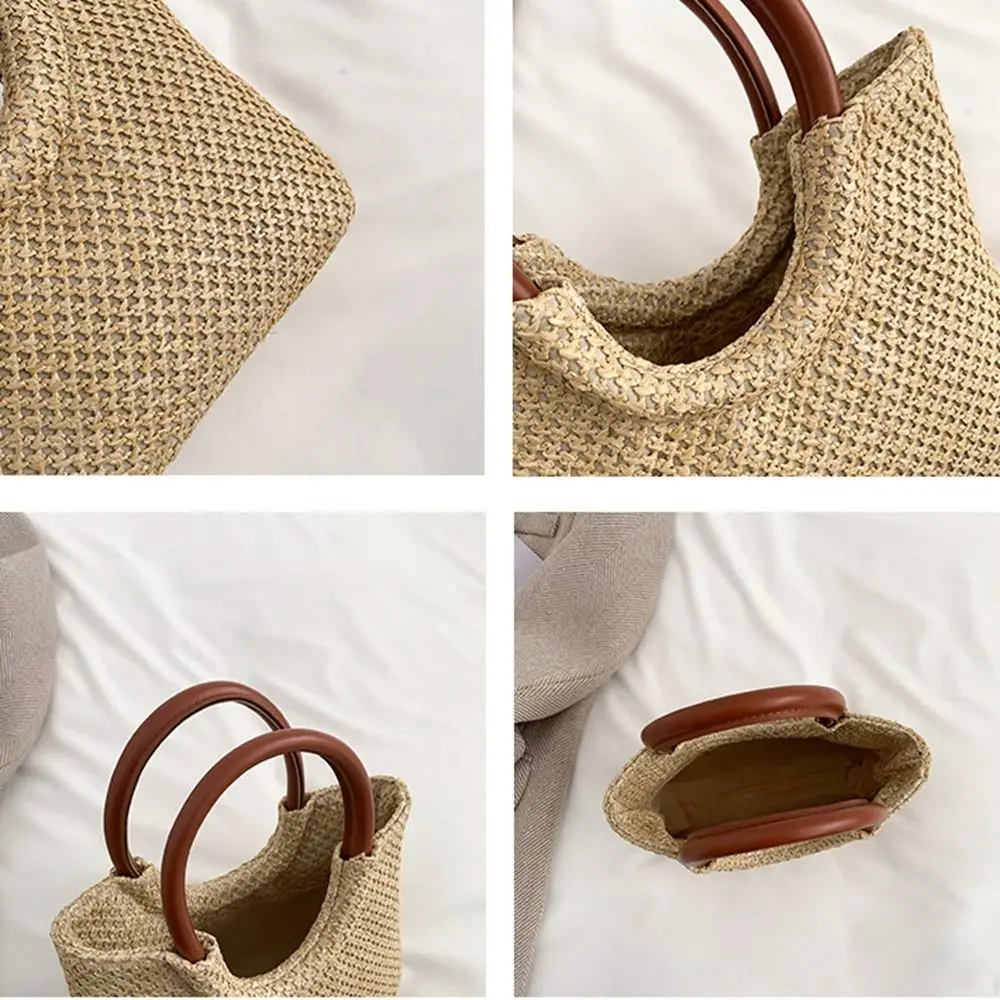 Bolsa coreana de trama simples para mulheres, grande capacidade, couro PU, boêmia, bolsa de praia, palha, bolsa de ombro, feriado