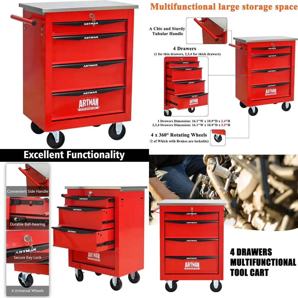 Cassettiera multiuso per attrezzi con 4 cassetti, organizer per carrello resistente per soluzioni di stoccaggio in garage