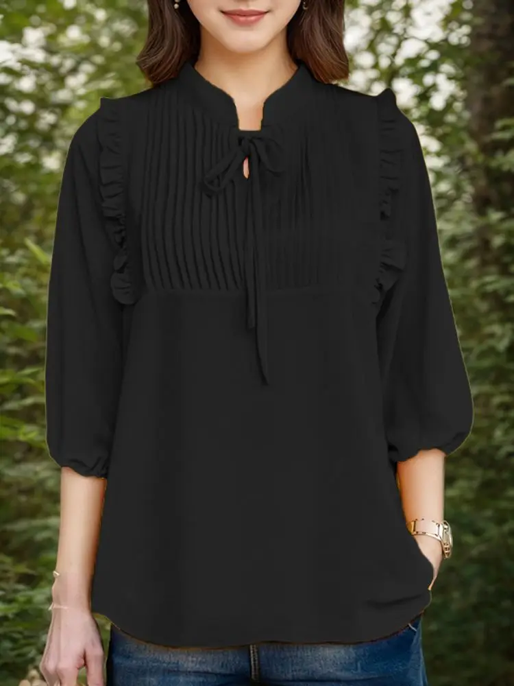 ZANZEA блузка с рукавом 3/4, женская блузка на шнуровке, модные топы с рюшами, мода 2025 года, однотонная туника с v-образным вырезом, повседневный плиссированный пуловер