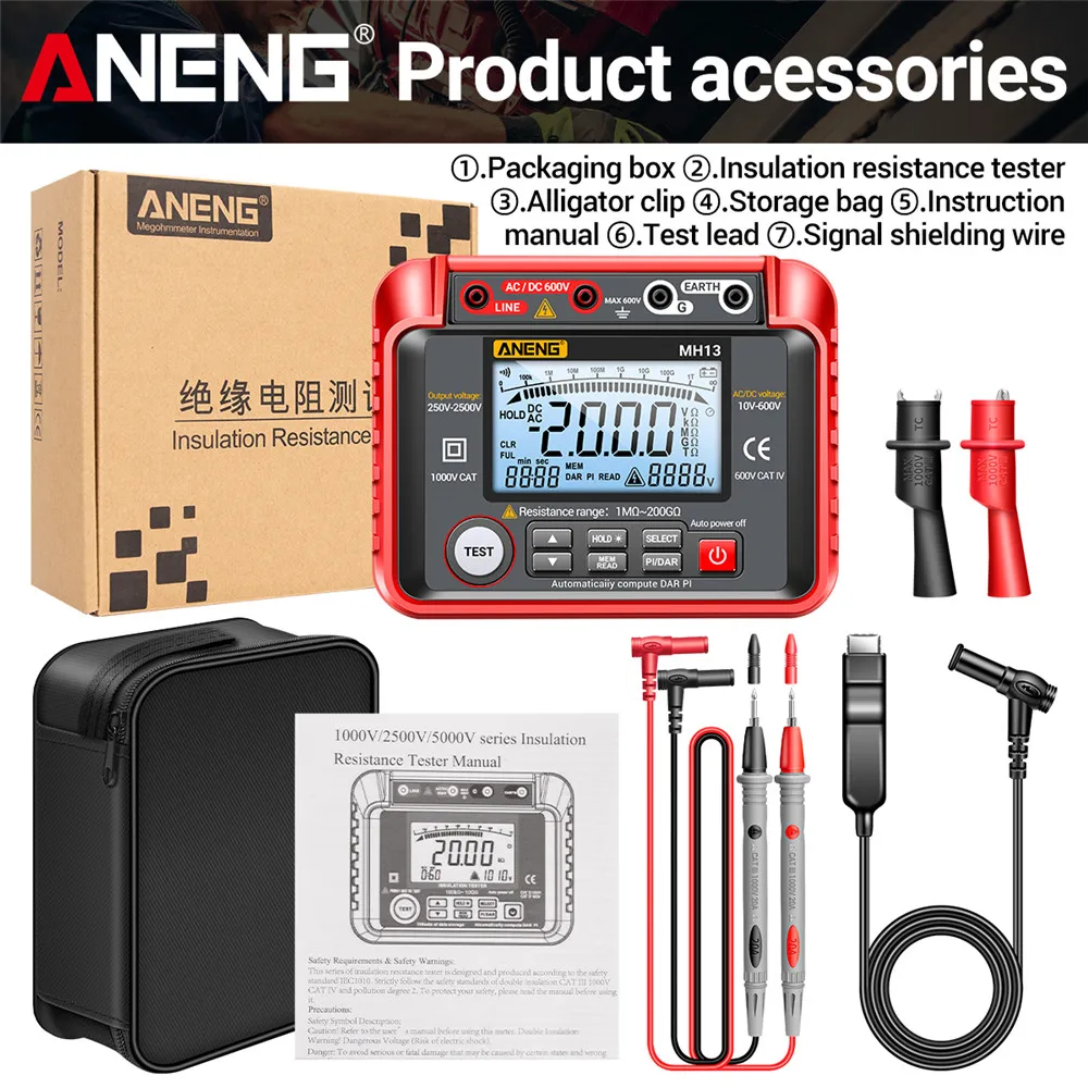 ANENG MH13 Ohm Spannungsprüfer Digitalmultimeter Megometro Isolierung Erde Hochwiderstandsmesser Tester Megohmmeter Werkzeug