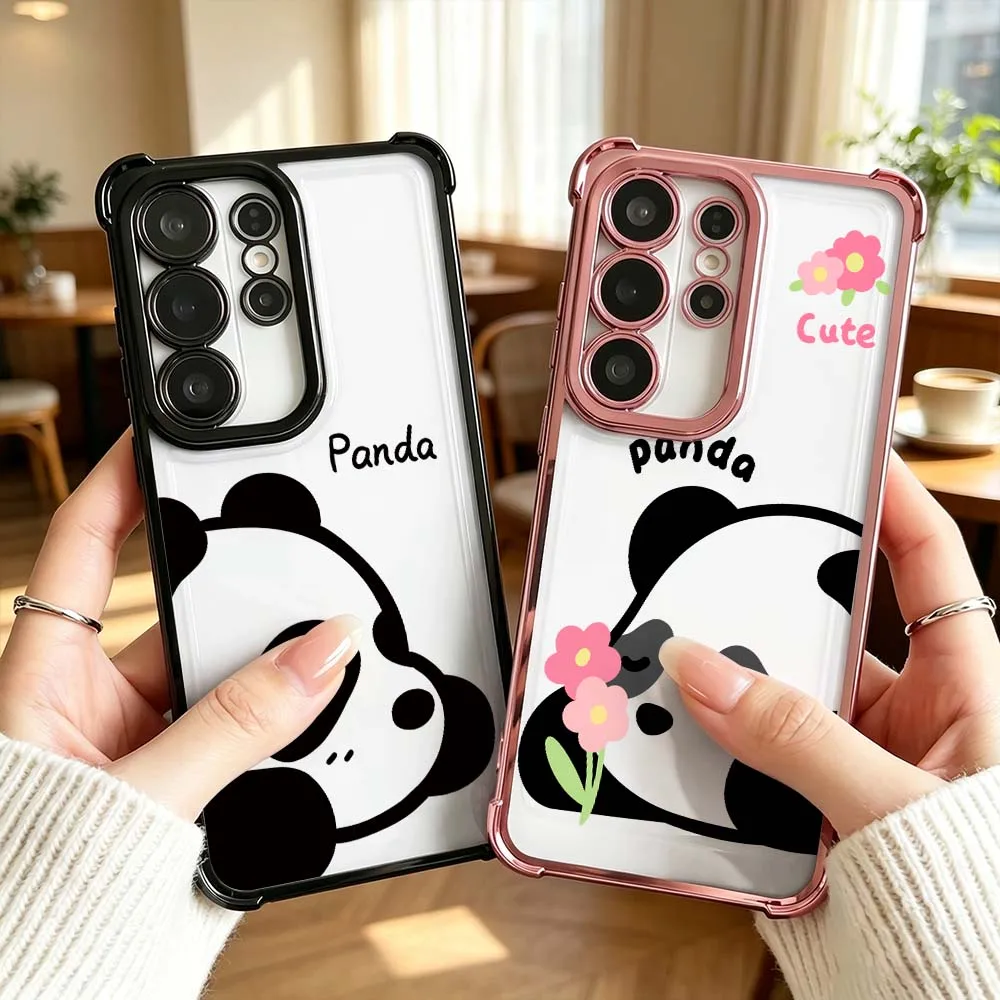 Cartoon Cute Panda Flower For Samsung Galaxy S26 S25 S24 S23 S22 S21 Ultra FE Plus Electroplating Anti Fall Phone Case