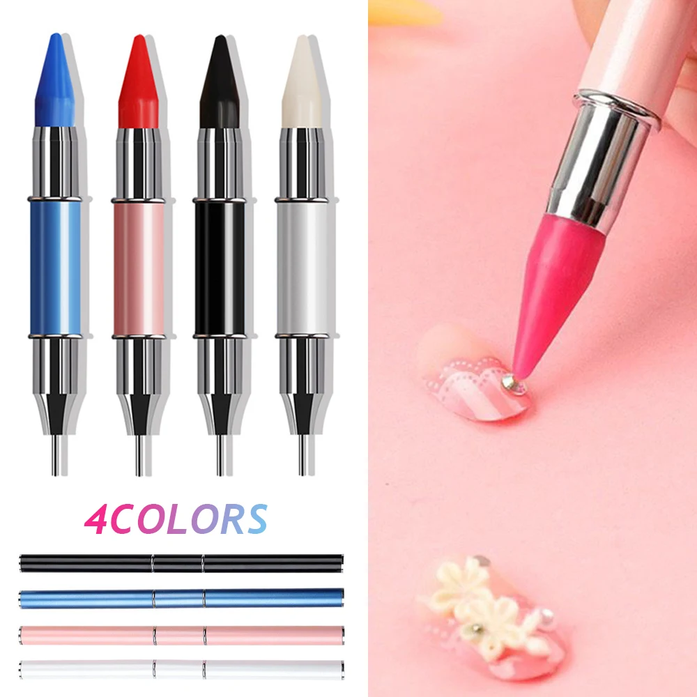 Dupla cabeça Nail Art Dotting Pen Strass Beads Picker com pincel de cera, Manicure Ponto Broca Ferramentas, Nail Decor, Novo