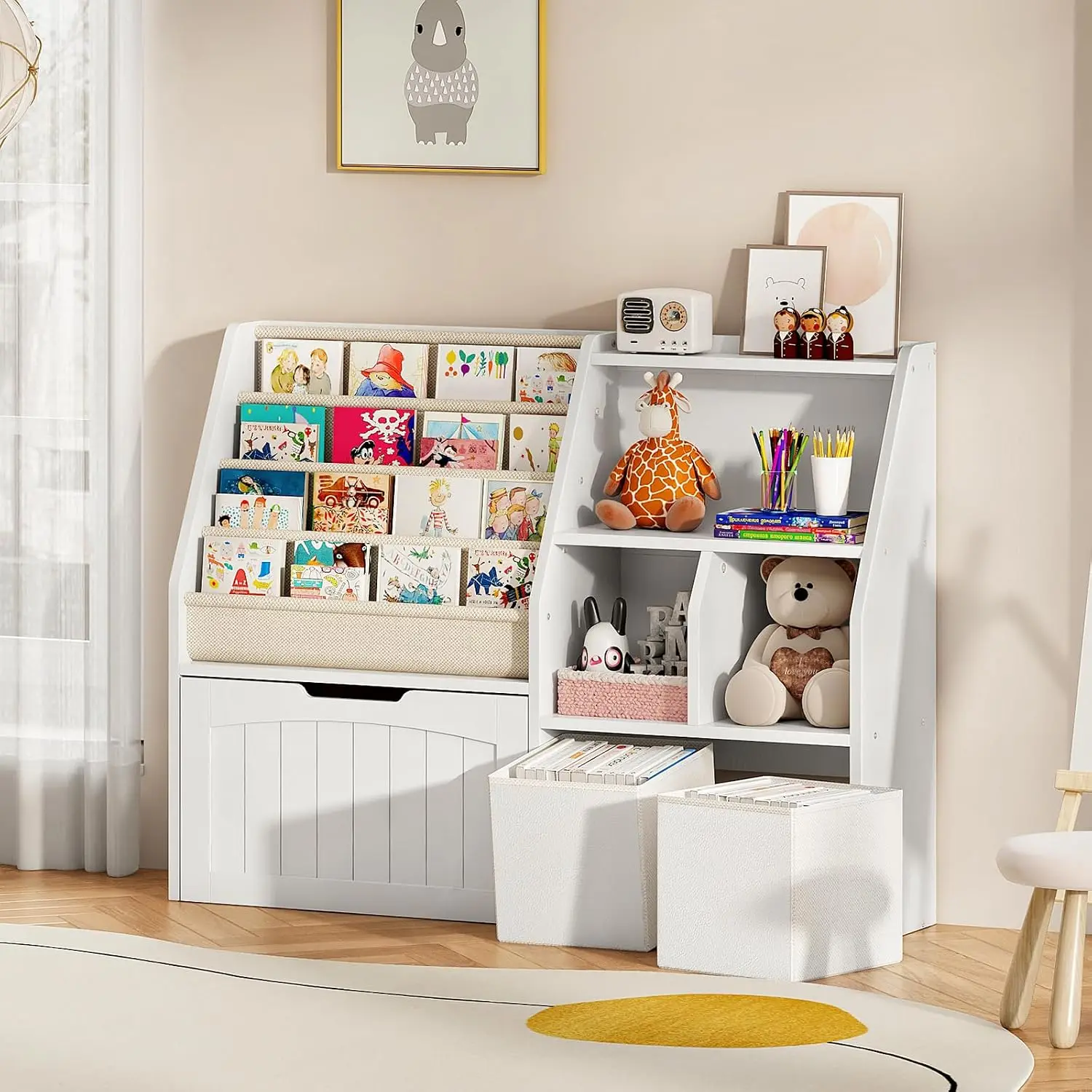 Kids Bookshelf and Toy Storage, Children's Bookcase with 4 Sling Book Shelves, Toy Storage Cubby, Fabric Storage Baskets, Wooden Book Shelf for Kids Room, Nursery, Living Room, White MCW17WB