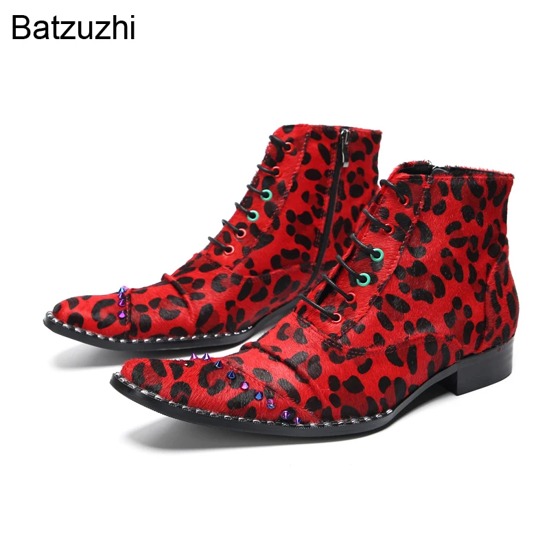 Batzuzhi New Design Men's Boots Shoes Red Leopard Leather Ankle Boots for Men Pointed Toe Fashion Party & Wedding Boots Men!
