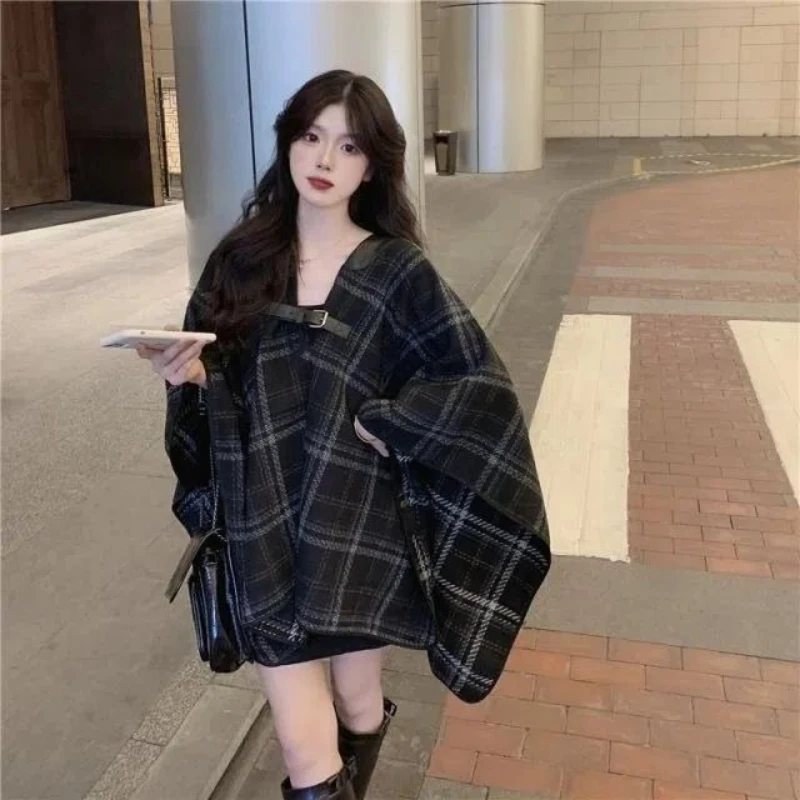 Women's Black Plaid Wool Coat Fall Winter Loose Fit Long Cape Style Trench Coat Oversized Fashionable Petite Size
