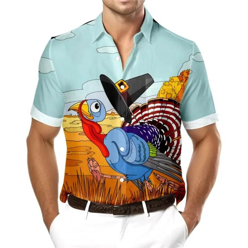 

Thanksgiving Day American Turkeys Printed Chest Pocket Hawaiian Shirt Casual Daily Short Sleeve Shirt Clothing Tops