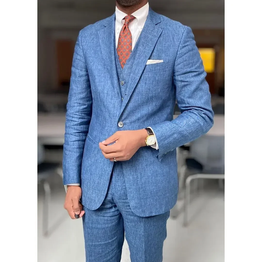 Traje de negocios de lino azul para Hombre, Blazer ajustado informal inteligente, conjunto de 3 piezas personalizado de alta calidad, verano, 2024